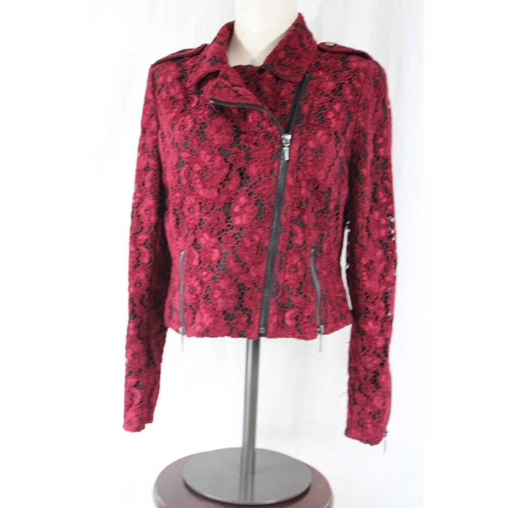 White House Black Market Burgundy Floral Lace Velvet Moto Jacket M Red Wine